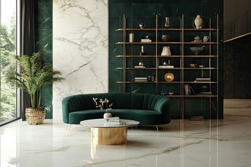 Elegant Living Room Decor Featuring Green Velvet Sofa and Gold Accents