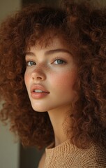 Fototapeta premium Elegant Portrait of African American Woman with Curly Hair in Beige Tones
