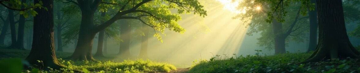 Fototapeta premium Misty forest with sunlight filtering through leafy branches, leaves, foliage