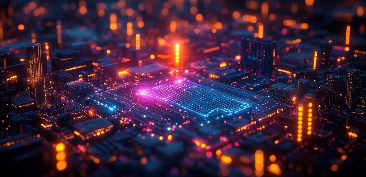 Futuristic Cityscape 3D Rendering with Geometric Shapes and Neon Lights