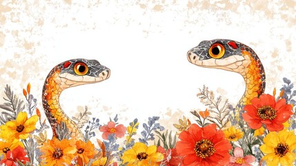 Obraz premium Happy Chinese New Year with Cartoon Zodiac Snake and Flowers Background - Cute Greeting Card Illustration