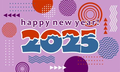 
Happy new year 2025 greeting card template, Trendy typography with geometric hipster pattern in Memphis style, Applicable for banner, calendar, invitation, flyer, social media

