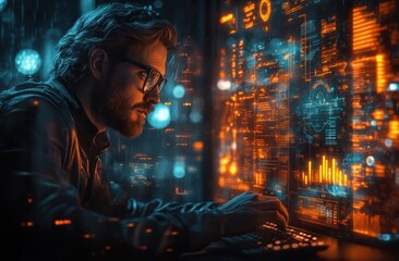 Businessman in Dark Office Analyzing Financial Data and Graphs with Holograms in Cyberpunk Style
