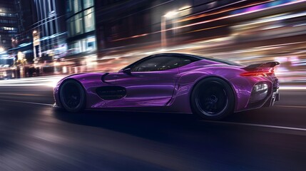 Obraz premium Purple Sports Car in Nighttime City Driving