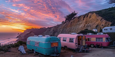 Pastel vintage trailers overlook Pacific cliffs at sunset.  A dreamy coastal scene with a maritime feel. Restored campers in a scenic park.