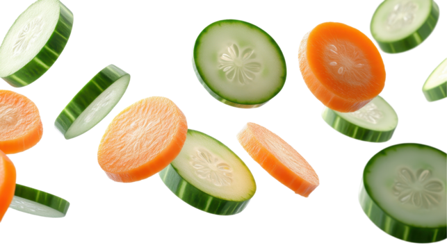 Fresh vegetables like carrots and cucumbers floating in mid-air, vibrant and appealing. transparent background