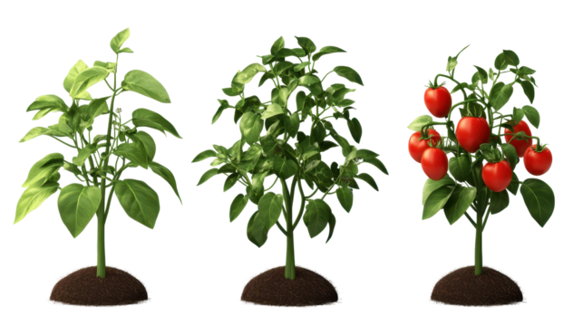 Vibrant tomato plants in different growth stages ready for harvest. transparent background