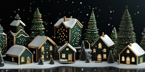 Obraz premium Elegant Green And Gold Christmas Village Scene