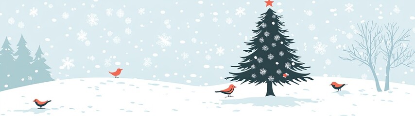 Naklejka premium Winter Wonderland Scene with Christmas Tree and Birds
