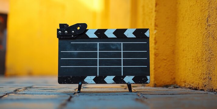Clapperboard Film Production Equipment Minimalist Design on Yellow Background