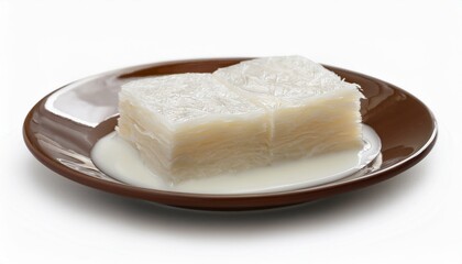 Creamy, layered dessert on a brown plate.