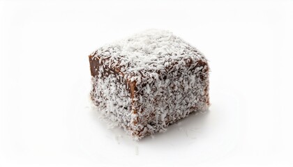A delicious chocolate cake coated in shredded coconut.