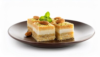 Delicious layered dessert squares, topped with almonds and pistachios.