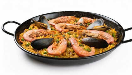 Delicious seafood paella in a black pan.