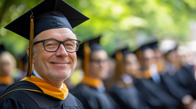 Mature Caucasian male professor attending college graduation, faculty formal attire concept