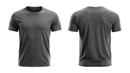 dark gray t shirt round neck template from two sides isolated on transparent white background, clipping path
