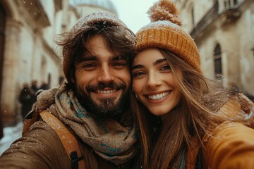 Fototapeta premium Happy couple taking selfie in front of historic Venice cathedral - Tourists enjoying Italy holiday vacation lifestyle in famous landmark