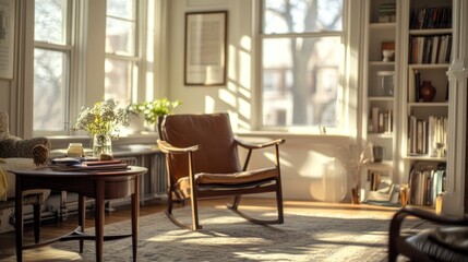 Sunlit Living Room with Rocking Chair and Bookshelves