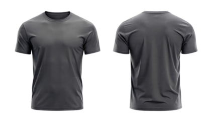 dark gray t shirt round neck template from two sides isolated on transparent white background, clipping path