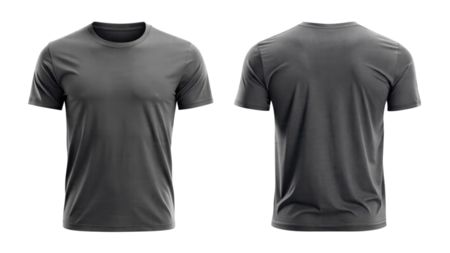 dark gray t shirt round neck template from two sides isolated on transparent white background, clipping path