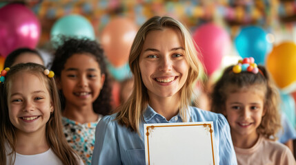 Celebrating student achievements at an awards ceremony with a proud teacher and smiling students holding certificates