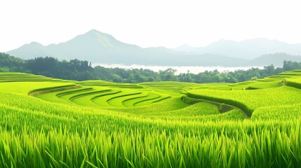 Fototapeta premium Lush Green Rice Terraces in a Scenic Landscape with Mountains in the Background, Capturing the Beauty of Nature and Agriculture in a Serene Environment