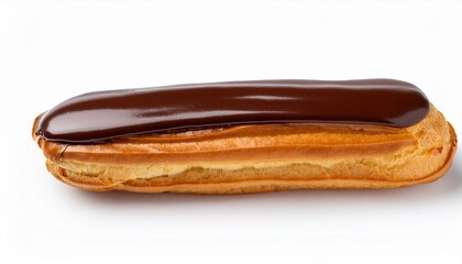 A delicious chocolate &eacute;clair pastry on a white background.