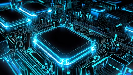Neon-Lit Computer Motherboard with Circuit Tracks and Chips
