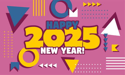 
Happy new year 2025 greeting card template, Trendy typography with geometric hipster pattern in Memphis style, Applicable for banner, calendar, invitation, flyer, social media

