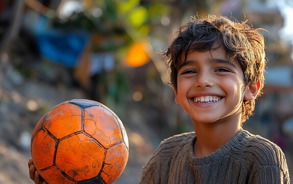 Happy boy smiles holding soccer ball.