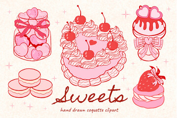 Coquette cake, Vintage Pink Cake Collection with Retro Decorations and Heart cake, pink coquette clipart, y2k clipart, pink ribbon, Pink Coquette Ribbon Clipart Gift bow valentines