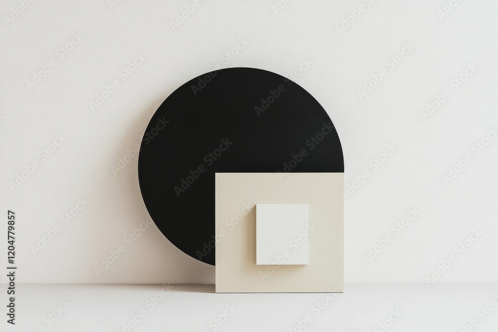 Poster composition featuring geometric shapes in neutral tones against a minimalist background. generative 