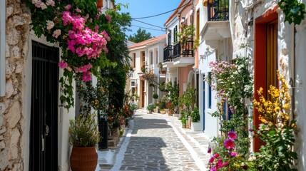 Charming Greek Island Street, Picturesque Cobblestone Lane with Vibrant Flowers
