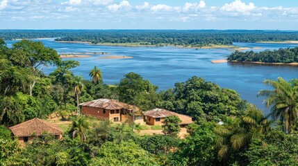 Amazon River houses jungle aerial view