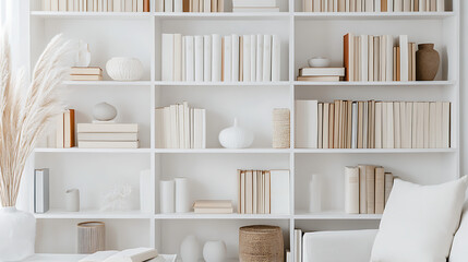 A white bookshelf with many books on it