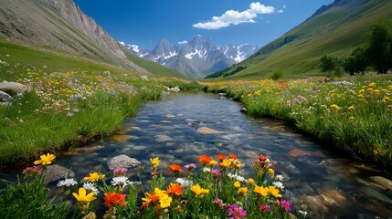 Mountain Stream with Wildflowers