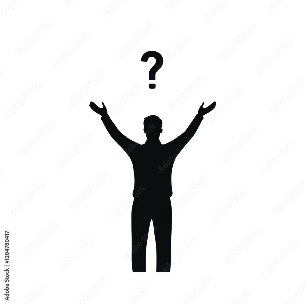 Poster a dark silhouette of a man with arms raised looks upward at a question mark symbolizing uncertainty 