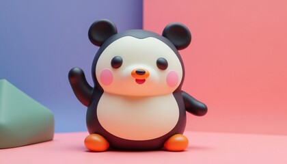 Fototapeta premium Adorable 3D penguin waves hello! Soft pastel background, cheerful vibe. Perfect for kids!