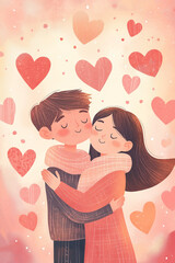 A heartwarming and adorable illustration of a cute couple in love, embracing each other with tender smiles. Surrounding them are numerous floating hearts in various sizes and shades of pink, red, and 