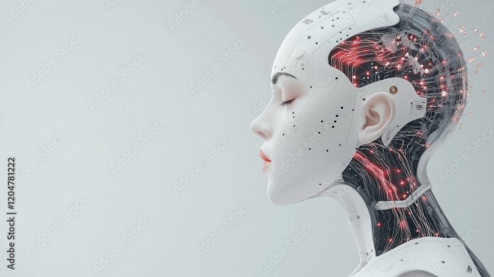 Poster serene ai: a profile view of a humanoid robot, its serene expression and translucent internal mechan
