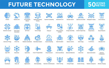 Future Technology icon set with ai brain, robotics arm, virtual reality glasses, augmented reality overlay, quantum computing, autonomous car icon. Simple retro vector 
