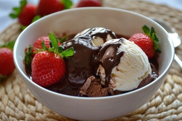 Molten chocolate vanilla ice cream and strawberries