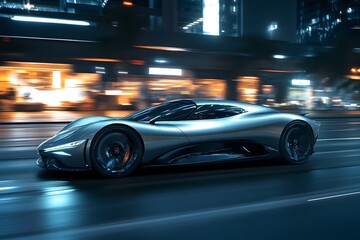 Silver Sports Car in Nighttime City Setting