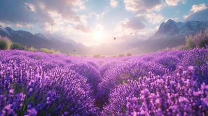 Fototapeta premium Lavender Field Sunrise in the Mountains