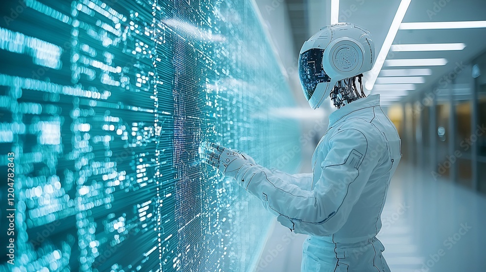 Aufkleber robot interacting with digital code wall.