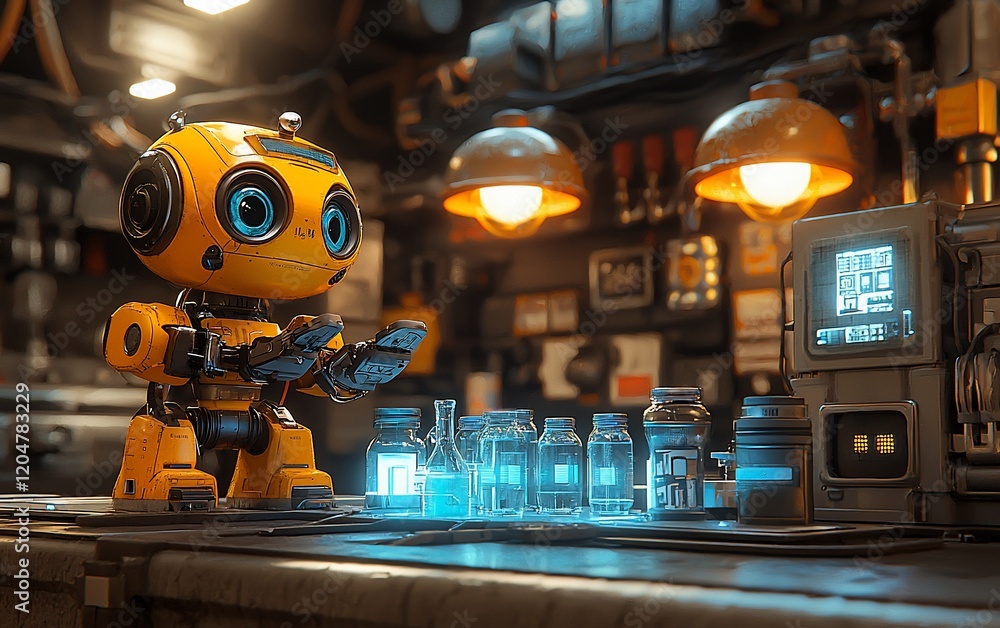 Poster cute robot in workshop examining glowing vials.