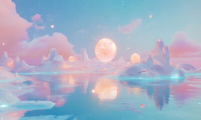 Pastel landscape with moon, planets, and icy mountains reflected in calm water.