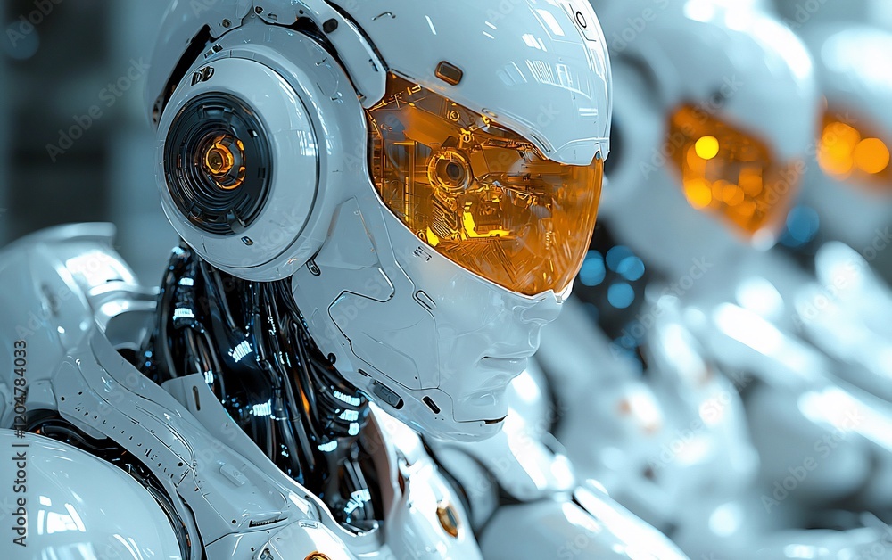 Poster Futuristic robots in a row, close-up view.