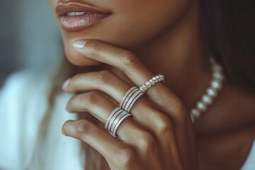 Elegant Woman Hand Close Up Displaying Rings and Jewelry Accessories