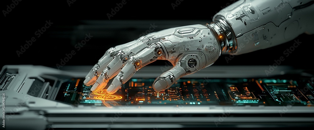 Poster robotic hand interacting with futuristic technology.